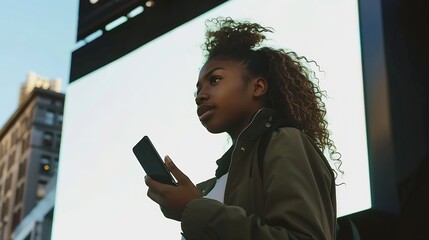 African American girl talking with cellphone standing alone against blank billboard in city : Generative AI