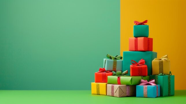 Vibrant image showcasing three colorful gift boxes with sparkling ribbons stacked atop each other against a lively greenish-yellow backdrop, conveying celebration and surprise.