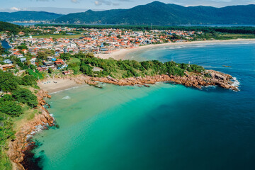 Beaches and blue ocean in Brazil. Drone view of coastline beach in Florianopolis - 787411908