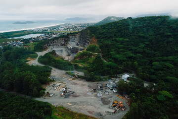 Quarry excavation and mountain in Florianopolis. Aerial view