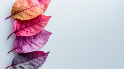 An artistic arrangement of purple and pink leaves with subtle textures on a clean white background, offering ample copy space on the left.