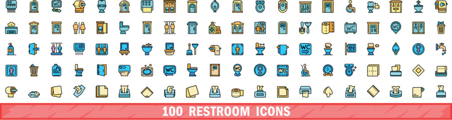 100 restroom icons set. Color line set of restroom vector icons thin line color flat on white