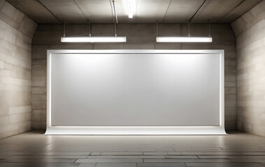 Empty advertising banners are displayed in an outdoor media lightbox within an underground tunnel