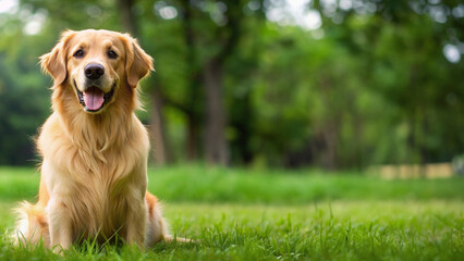 golden retriever dog with happy expression and sitting on the grass