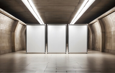 Three empty advertising banners are displayed in an outdoor media lightbox within an underground...