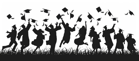 Silhouette of students celebrating their graduation with caps in the air on white background Generative AI - obrazy, fototapety, plakaty
