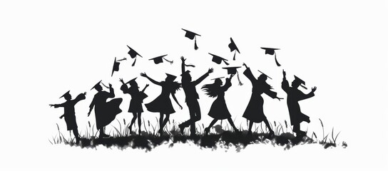 Silhouette of students celebrating their graduation with graduation caps in the air lat design, simple lines and shapes Generative AI - obrazy, fototapety, plakaty