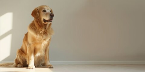 A well-groomed golden retriever dog sitting gracefully on a floor bathed in soft sunlight pouring through the window