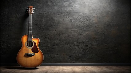 an acoustic guitar leaning against a black wall