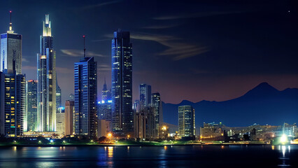 Obraz premium tall buildings on the edge of the lake at night
