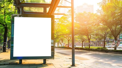 bus shelter blank ad panel billboard display empty white lightbox sign at busstop glass and aluminum structure city transit station urban street and green park setting outdoor advertis : Generative AI - Powered by Adobe