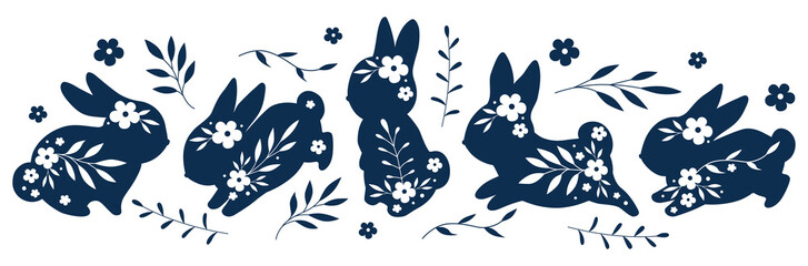 Happy Easter, decorated easter bunny for cards, banner. Bunnies, flowers, branch, decor. Folk style patterned design.Cute cartoon rabbits. Funny white hares, Easter bunnies. Standing, sitting, running