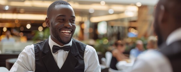 Man in waiter attire serving at upscale restaurant with joyful expression. Professional service and hospitality concept. - obrazy, fototapety, plakaty