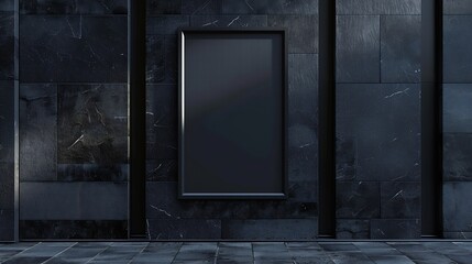 Vertical billboard on the dark facade of a building made of gray and black natural granite Mockup : Generative AI - obrazy, fototapety, plakaty
