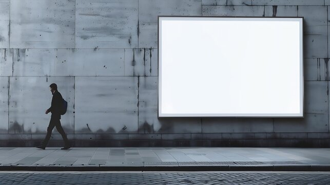 A mockup of a street billboard against a gray wall with a man walking by : Generative AI