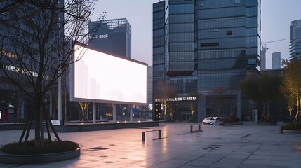 Naklejka premium Blank white advertising billboard in front of modern office buildings : Generative AI