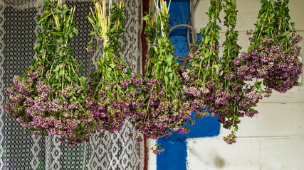 Hanging flower bunches with prominent purple hues and green stems create a visually appealing contrast; an aura of calmness pervades the scene.