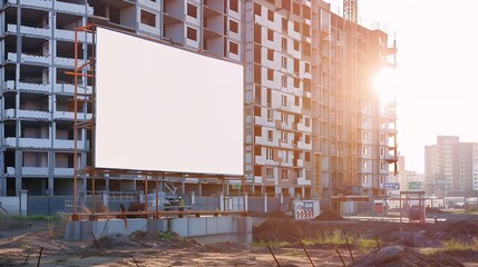 Blank white billboard for advertisement in front of the construction site There is modern apartment building in the background : Generative AI