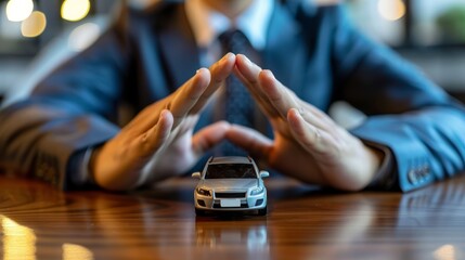 Person protecting toy car with hands. Concept of insurance and security in automotive industry.