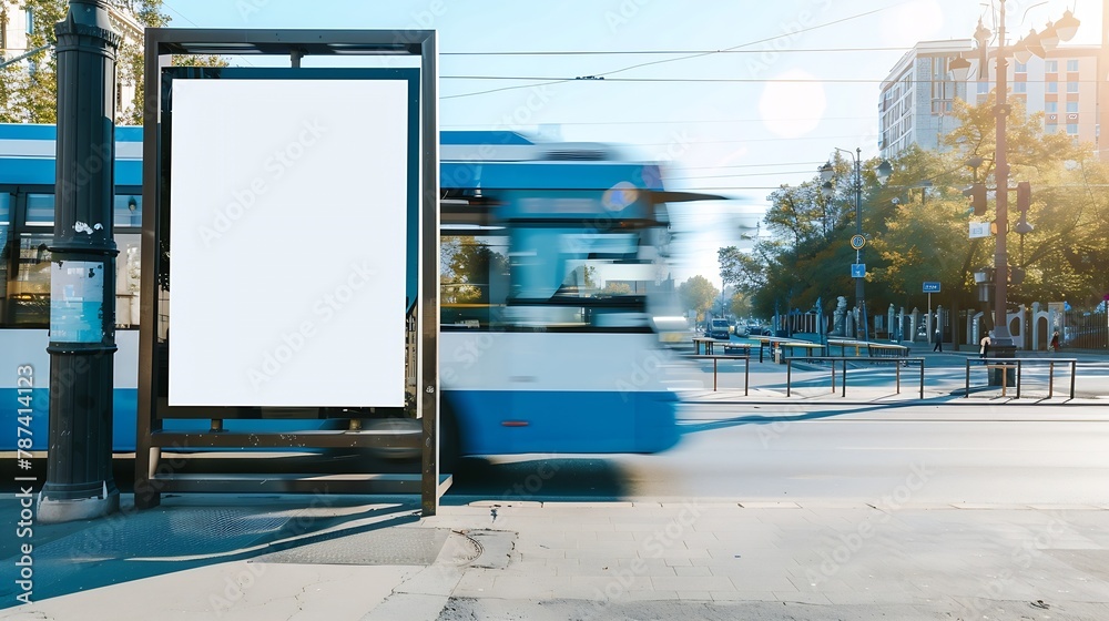 Aufkleber a city empty urban billboard mockup for an advertising and a blue bus passing by the template of cle