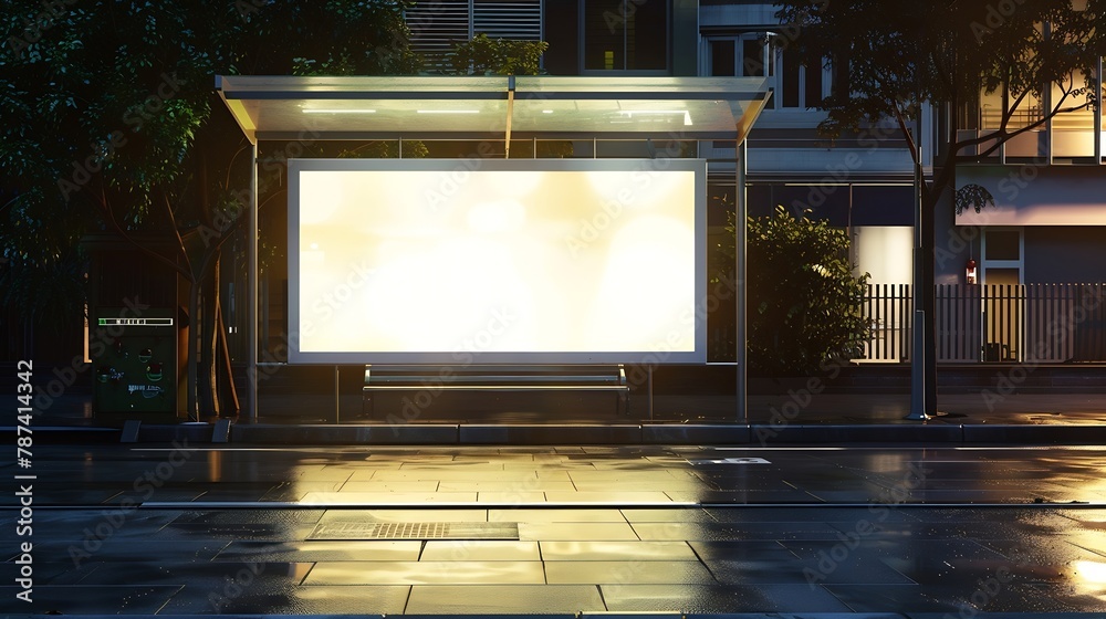 Poster side view of blank white horizontal billboard at bus stop commercial concept mock up : generative ai