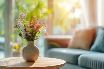 Modernes Interieur, runder Holztisch mit Büchern und einer Vase im Vordergrund, graues Sofa vor einem Fenster mit Frühlingsblumen, unscharfer Hintergrund eines modernen Wohnzimmers, Wohnkultur Konzept