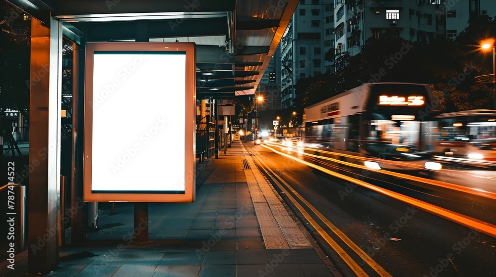 Poster white blank vertical billboard at the bus stop on the city street in the background of buses and roa