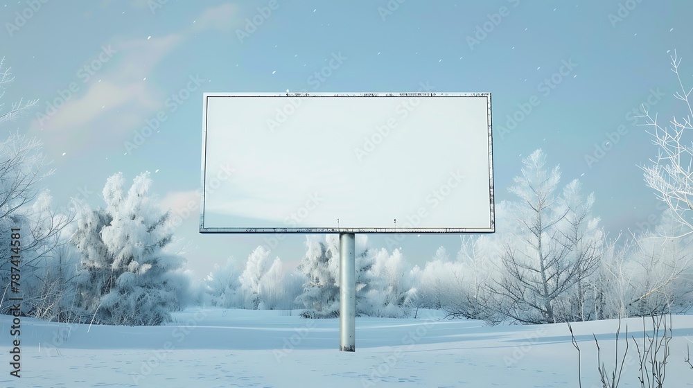 Poster a closeup mockup of a large blank billboard sign in a winter snow scene the sign is ready for your d