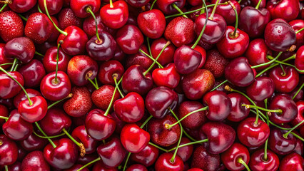 Close-up of a bright red cherry tree taken from above. Cherry background