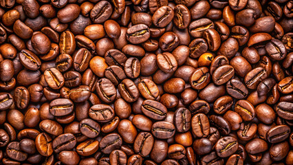 Fototapeta premium Roasted coffee beans on full frame background. Close-up