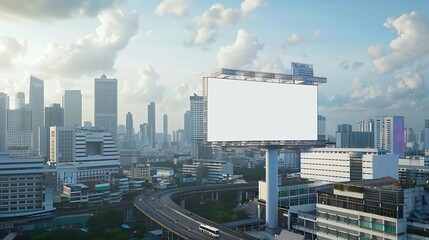 Blank white road billboard with Bangkok cityscape background at day time Street advertising poster mock up 3D rendering Side view The concept of marketing communication to promote or s : Generative AI