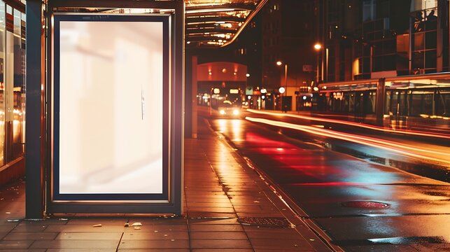 Blank white mockup of bus stop vertical billboard in empty street : Generative AI