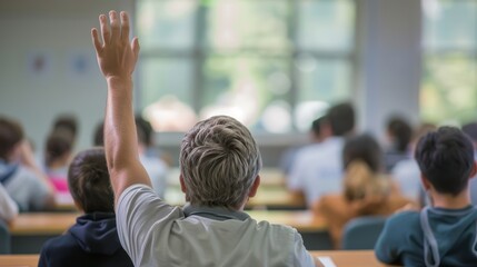 Student raising hand in a classroom with peers. Educational setting with natural light. Knowledge and learning concept. - obrazy, fototapety, plakaty