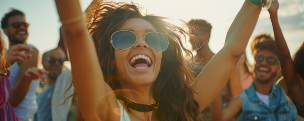 Excited woman celebrating with friends at sunset music festival, joyful dance moment