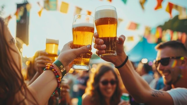Group of people cheering with beer glasses at summer festival. Social event and leisure concept.