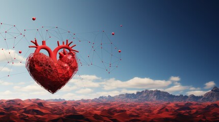 Digital composite of Red heart against low angle view of mountains under blue sky