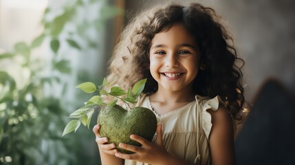 Cute little girl holding green plant in her hands and smiling.