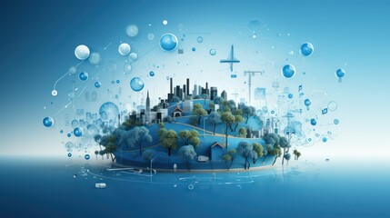 Conceptual image of modern city on blue background