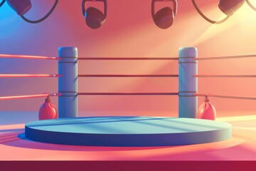 A boxing ring-themed podium illuminated by vibrant lights, conveying excitement for energetic and powerful product showcases. - obrazy, fototapety, plakaty