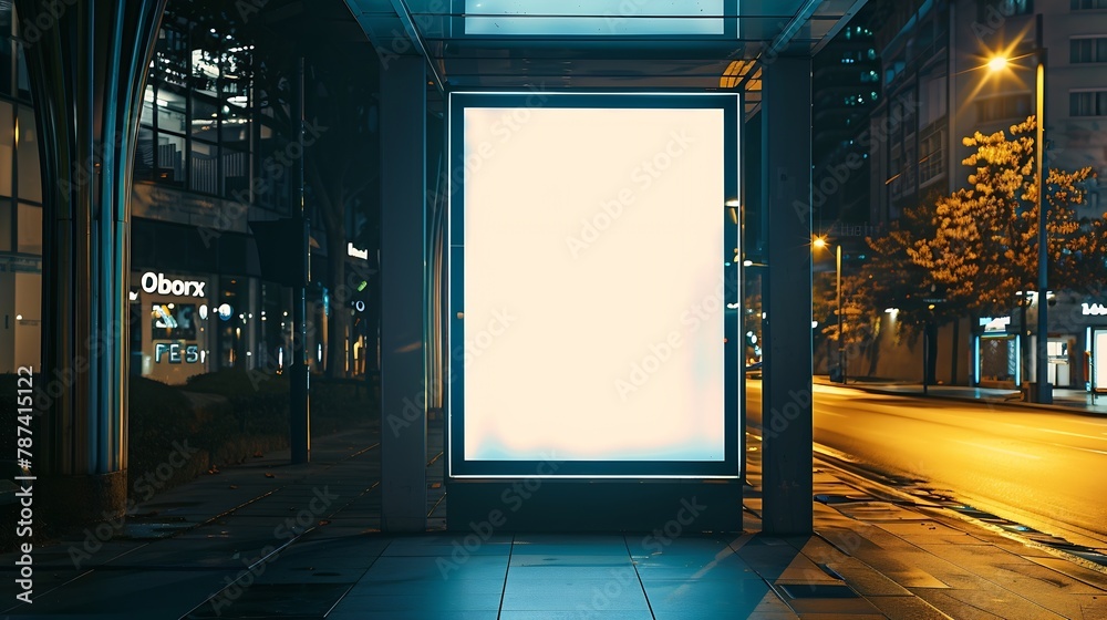 Poster blank white mock up of vertical light box in a bus stop at night : generative ai