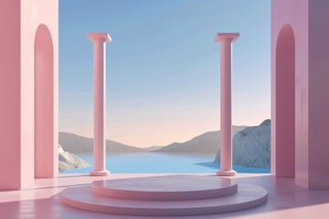 A charming pastel podium set within a Greek archway, ideal for displaying summer fashion or wedding decor against the backdrop of the ocean.