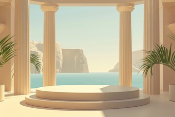 Fototapeta na wymiar An elegant marble podium framed by classic columns, perfect for highlighting luxury goods with a view of the serene Grecian coast.
