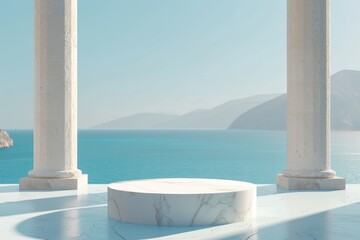 An elegant marble podium framed by classic columns, perfect for highlighting luxury goods with a view of the serene Grecian coast. - obrazy, fototapety, plakaty