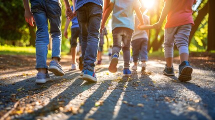 Closeup of a group of children holding hands and walking together with an adult figure leading the way. This image depicts the importance of familial support in building strength and .