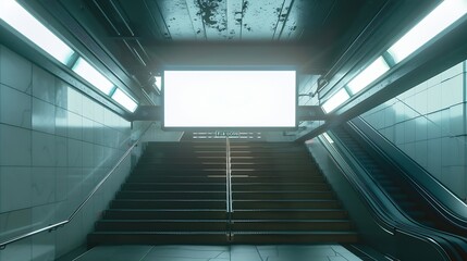 Blank white mock up billboard banner Display in subway with stairs Underground Advertising Ad Horizontal Transport : Generative AI