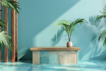 A podium scene with fresh palm shadows cast on a turquoise wall, atop blue-tiled flooring for a tranquil tropical display.
