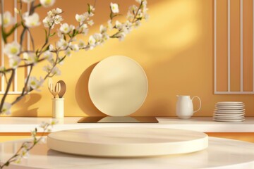 A sunny kitchen scene with blossoms, perfect for presenting springtime home goods or hosting culinary events.