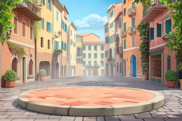A terracotta podium in a quaint Italian piazza, perfect for imbuing products with the romantic charm of Italy. - obrazy, fototapety, plakaty