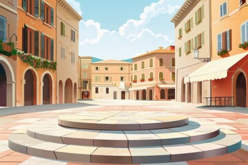 A terracotta podium in a quaint Italian piazza, perfect for imbuing products with the romantic charm of Italy.