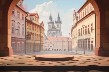 Step into the heart of Prague with this podium, graced by the iconic towers of the Old Town, perfect for culturally rich presentations. - obrazy, fototapety, plakaty